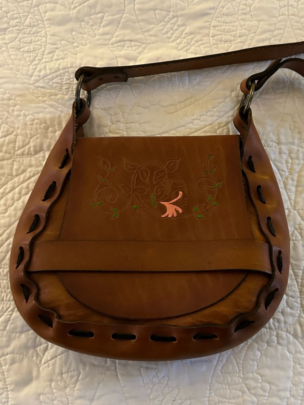 Free People Vintage Tan Leather Crossbody with Floral detail